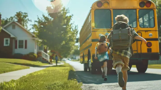 Excited kids boarding yellow school bus in suburban setting, Back to school concept with copy space.