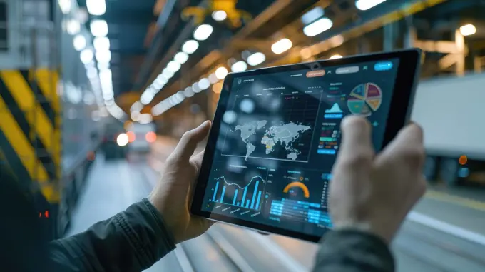 A person is holding a tablet with a map on it. The map is showing a lot of data and the person is looking at it intently