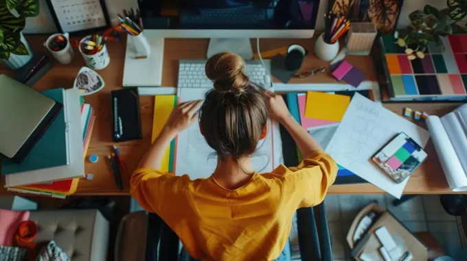 A woman is sitting at a desk with a yellow shirt on and a computer monitor in front of her. She is surrounded by various items such as a keyboard, a mouse, a cup, a bowl, a book, and a laptop