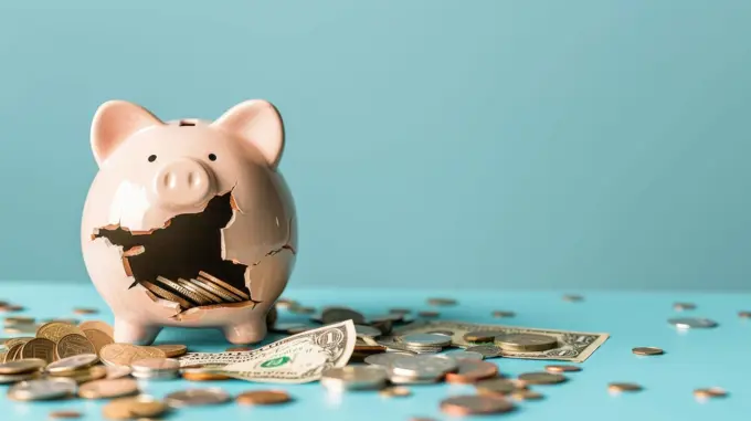 A piggy bank is shattered and has coins scattered around it. The broken piggy bank and the coins on the ground suggest that someone has been trying to save money but has failed