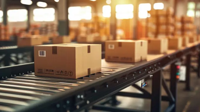 A conveyor belt with boxes on it. The boxes are brown and have a bar code on them