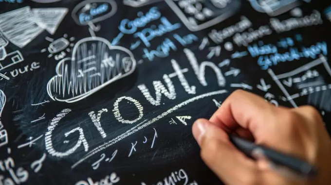 A hand is writing the word growth on a chalkboard. The chalkboard is filled with various drawings and diagrams, suggesting that the person is creating a visual representation of the concept of growth