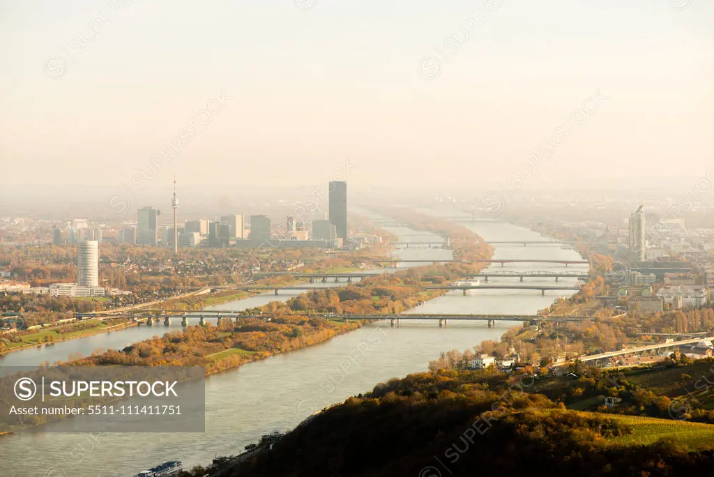 View to Vienna Danube city from mountain Leopoldsberg, Austria, Vienna, Danube City