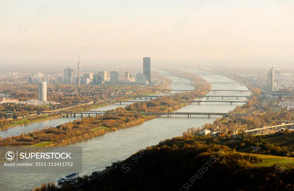 View to Vienna Danube city from mountain Leopoldsberg, Austria, Vienna, Danube City