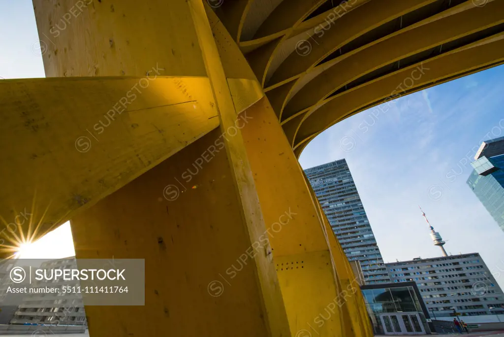 Yellow wooden arch construction, Danube City, DC, Vienna, Austria