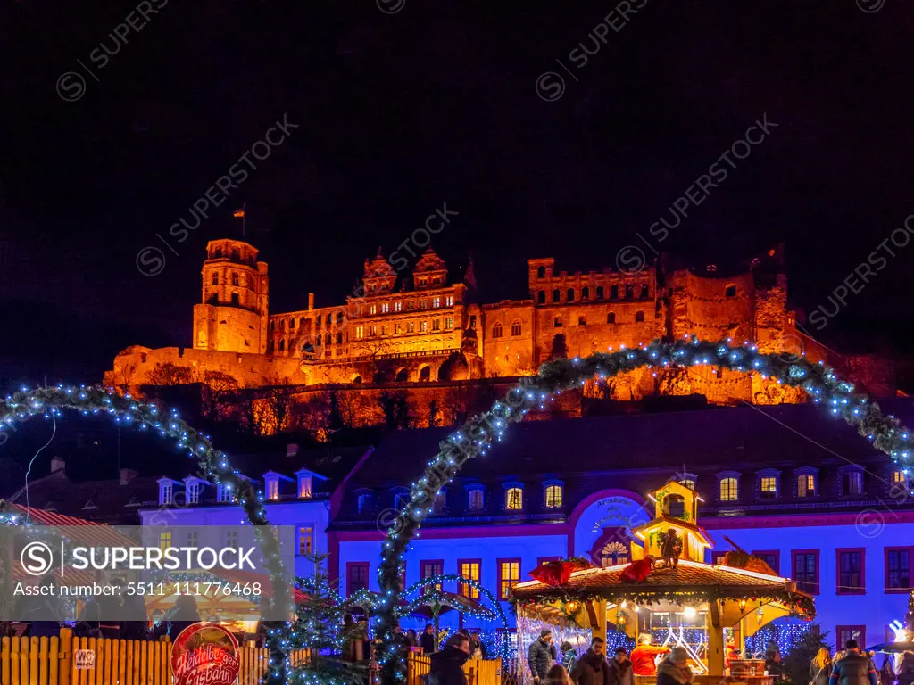 Christmas market at the Karlsplatz in Heidelberg, Baden-Wurttemberg, Germany