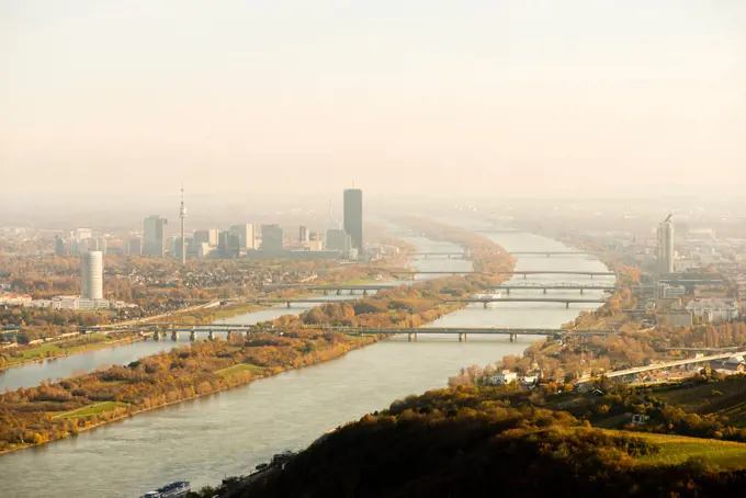 View to Vienna Danube city from mountain Leopoldsberg, Austria, Vienna, Danube City