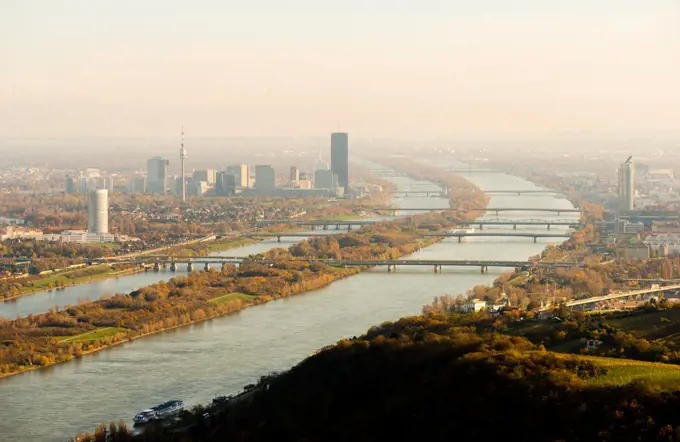 View to Vienna Danube city from mountain Leopoldsberg, Austria, Vienna, Danube City