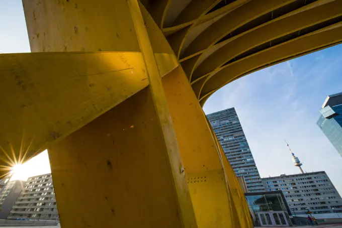 Yellow wooden arch construction, Danube City, DC, Vienna, Austria