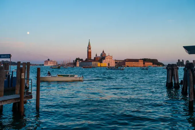 Cruise ship MSC Fantasia, Island of San Giorgio Maggiore in Venice at sun-set, Venice, Venetia, Italy