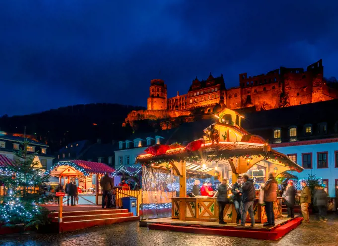 Christmas market at the Karlsplatz in Heidelberg, Baden-Wurttemberg, Germany