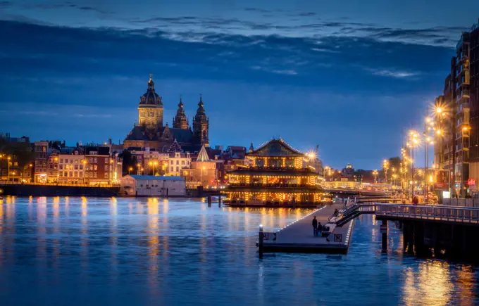 Oosterdok Kai at Night, Amsterdam, Netherlands