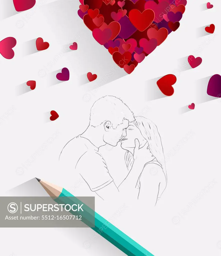 Digitally generated Sketch of kissing couple with pencil