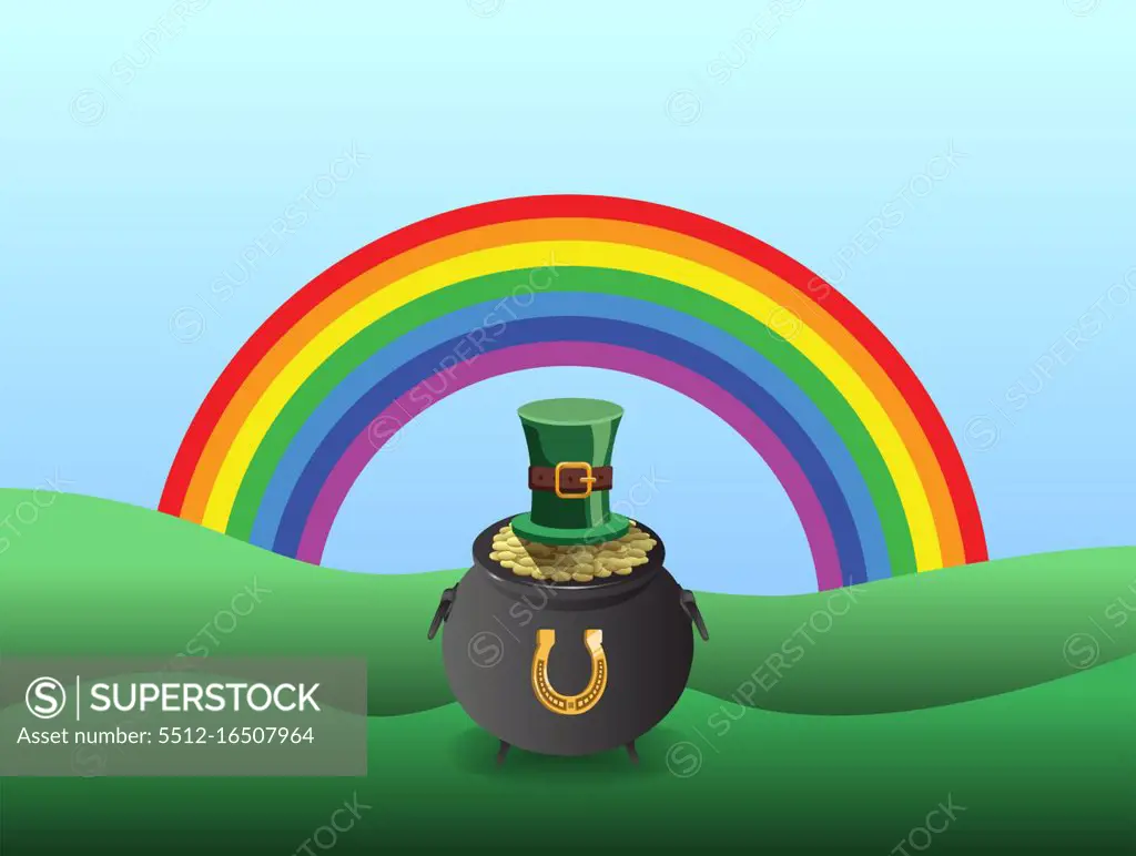 Digitally generated St patricks day vector with pot of gold and rainbow