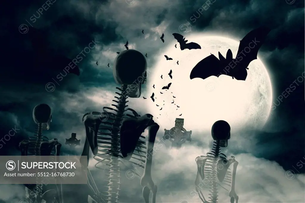 Digitally generated Army of skeletons under full moon