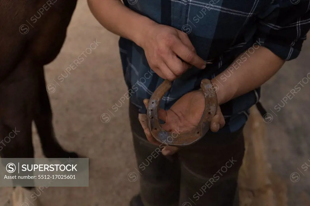 Mid section of woman holding horseshoe at stable