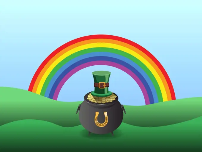 Digitally generated St patricks day vector with pot of gold and rainbow