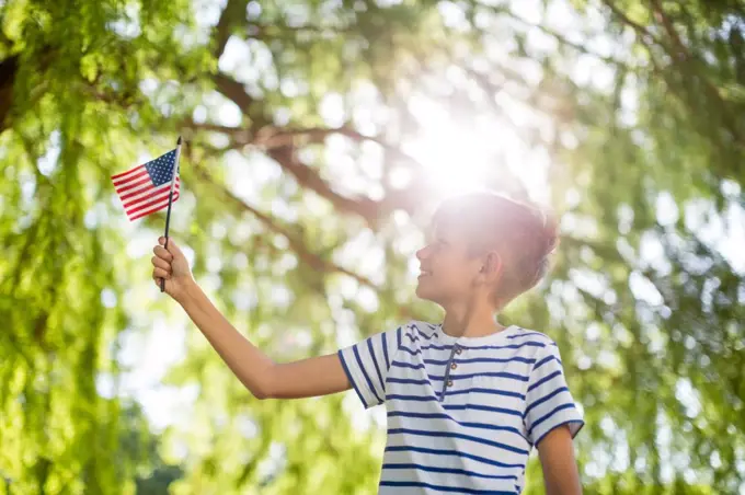 Boy holding small american flag in park on a sunny day