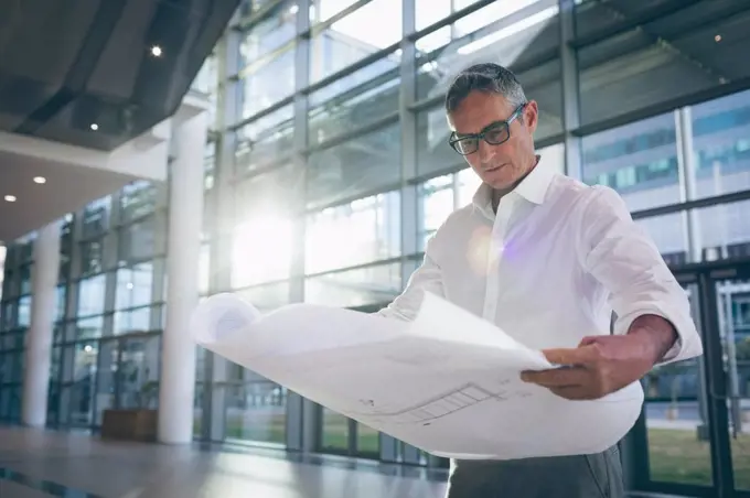 Front-view of a concentrated businessman reading a blueprint plan in office next to big windows showing the city in the background