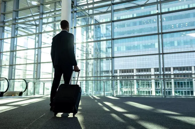 Rear view of businessman with trolley bag standing in the modern office building