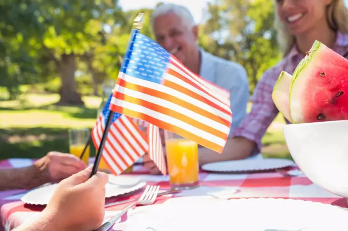 Happy family having picnic and holding american flag on a sunny day