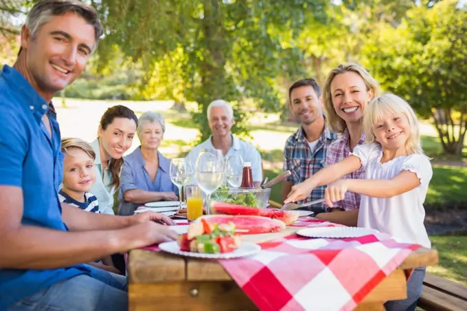 Happy family having picnic and holding american flag on a sunny day