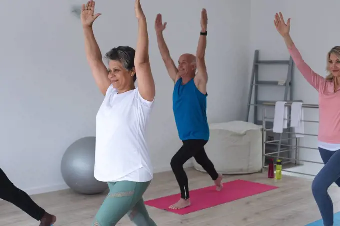 Diverse group of seniors taking part in fitness class at home. health fitness wellbeing at senior care home.