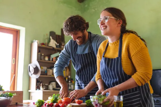 Happy young couple cooking meal while chopping and mixing vegetables together in kitchen. domestic lifestyle and love, healthy eating.