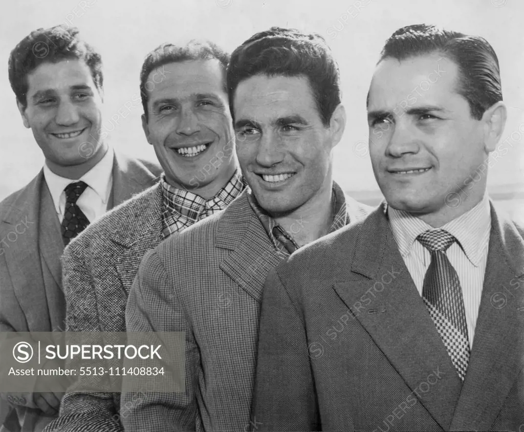 Italian Boxers who arrives here this week to fight for Stadiums Ltd. From left they are, R. Coluzzi, M. Scergio, G. Zuddas and A. Falcinelli. June 08, 1954.