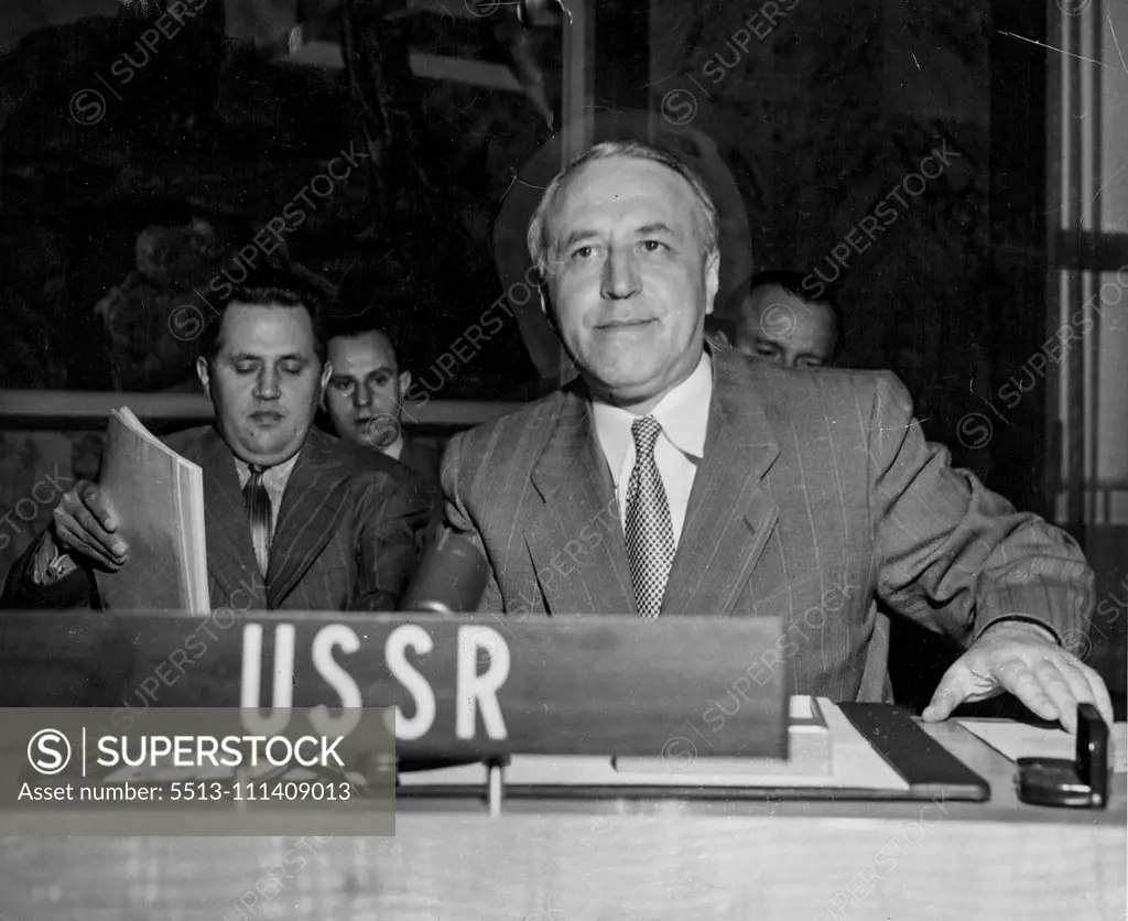 New Delegate of U.S.S.R. On Security Council Mr. Valerian A. Zorin, Deputy Minister for Foreign Affairs of U.S.S.R. newly appointed representative on the Security Council, photographed at the conference table in the council chamber. October 1, 1952. (Photo by UPI Telephoto).