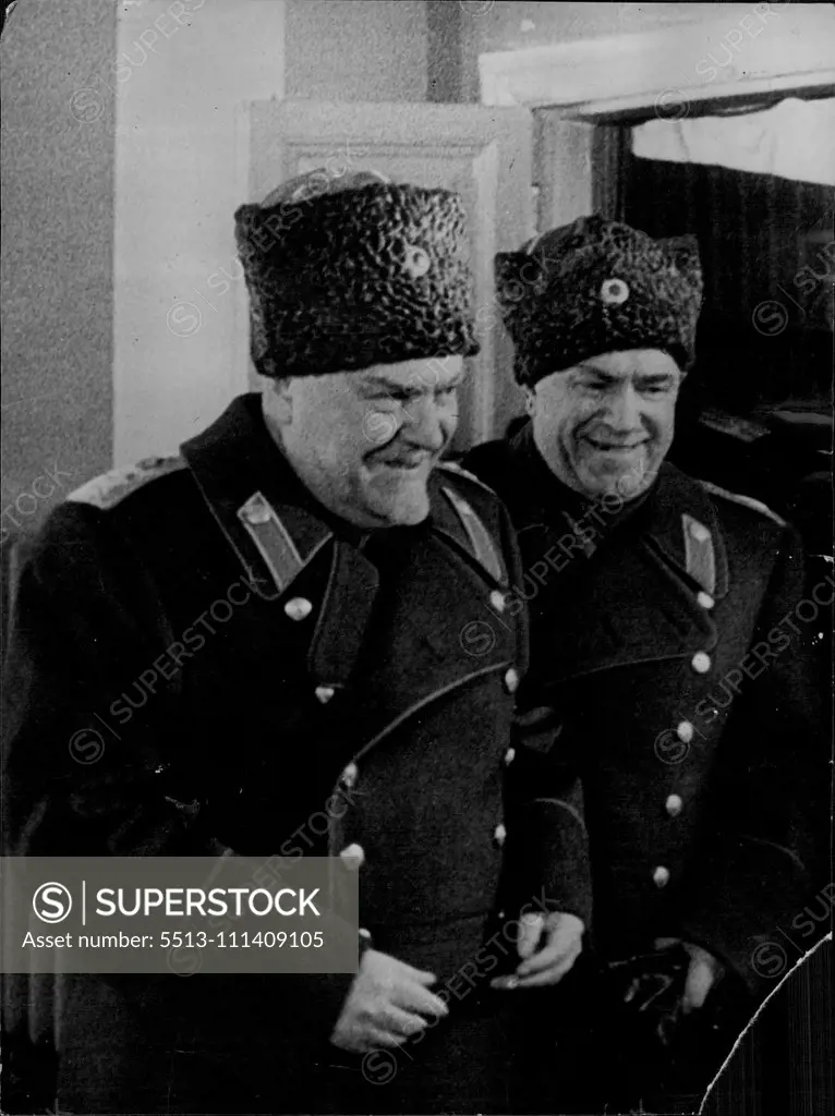 Leaders of Soviet Russia: Marshal Bulgarian And Marshal Zhukov -- Marshal Bulgarian, left, is Prime Minister of the U.S.S.R., and Marshal Zhukov is Defense Minister. June 3, 1955. (Photo by Camera Press).