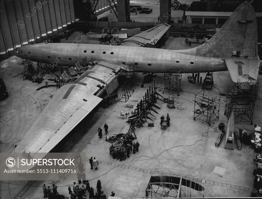 Youth Forum Students See "Brabazon" -- The Youth Forum students inspecting the "Brabazon Mark I", at Filton, Bristol, today March 17. The twenty-six teen-age students who are guests of the Bristol Aeroplane Company today March 17, were shown the giant 130 ton "Bristol" Type 167, "Brabazon Mark I" under construction at Filton, Bristol. The students who are visiting England under the Aegies of the "Overseas Daily Mail" Youth Forum, represent thirteen different countries - Belgium, France, Denmark,