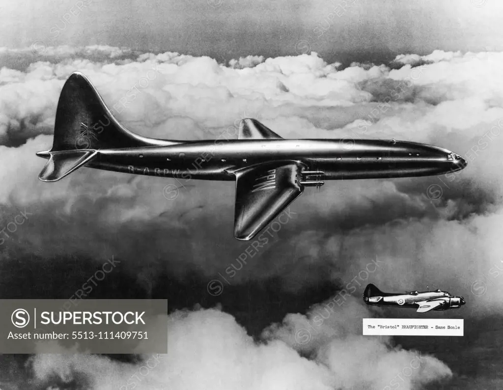 ***** of the Bristol Brabazon drawn to scale with a Beaufighter. April 7, 1955. (Photo by B. Carone, The Bristol Aeroplane Co. Ltd.).