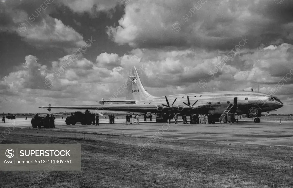 Brabazon At London Airport For First Time -- The Brabazon I as center of attraction under a smiling sky after her arrival at London Airport to-day. The 130-ton Bristol Brabazon I airliner landed at London Airport to-day (Thursday) after a flight from Bristol for a two-day visit to London during which two demonstration flights will be given. This was the first time that the giant machine had landed anywhere but on the specially constructed runway at Filton, Bristol. June 15, 1950. (Photo by Reute