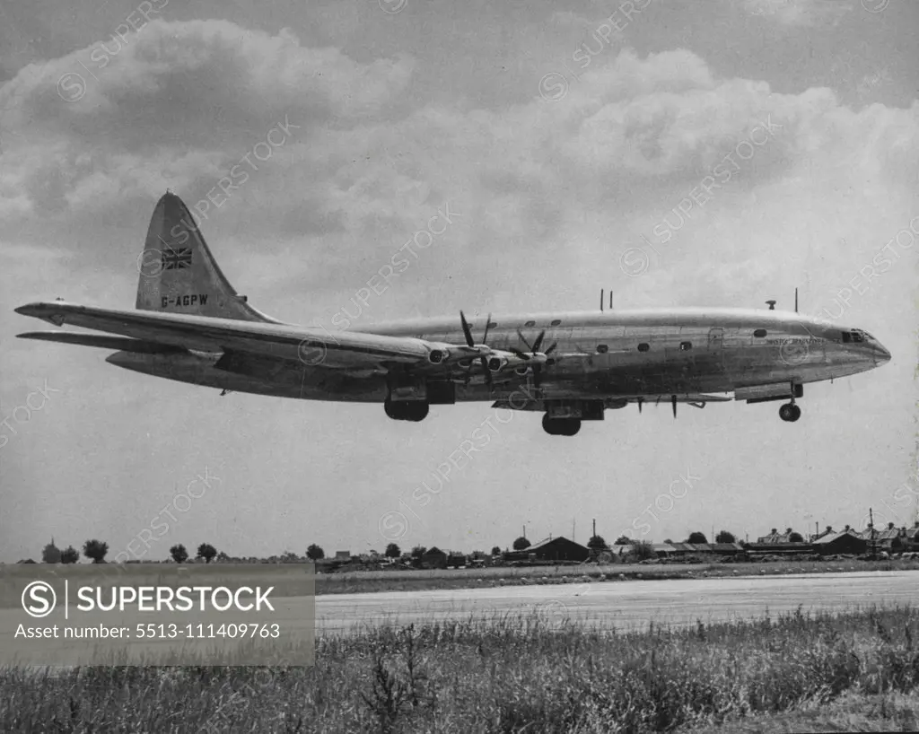 Britain's Giant Takes The Air Maiden Flight Of World's Largest Aircraft -- Taking the air on its maiden flight today from London Airport is the Brabazon, largest aircraft in the world. It carried only 26 passengers instead of its full possible load of about one hundred and was in the air for half-an-hour. Among the passengers were members of parliament and aeronautical scientists. The plane has been built by Britain for a non-stop service between London and New York. July 25, 1951. (Photo by Pau