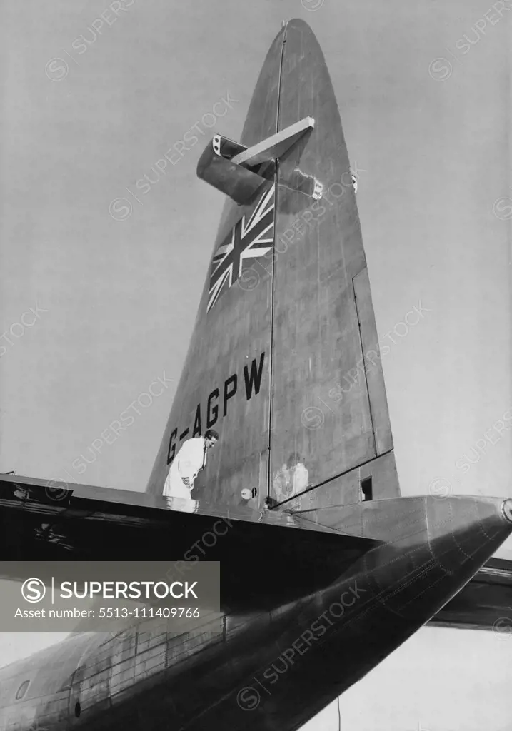 The "Brabazon's" Land Trails -- The gleaming surface of the rear assembly of the Brabazon before her trails today. The 130-ton Bristol Brabazon, the world's biggest landplane, moved under its own power for the first time today. Piloted by Mr. A. J. Pegg, Bristol Aeroplane Company's chief test pilot, the huge machine was given five separate taxi-ing tests, up and down the 3,000 yards specially built runway at Filton, Bristol. Highest speed attained during the tests was 76 m.p.h. September 3, 1949