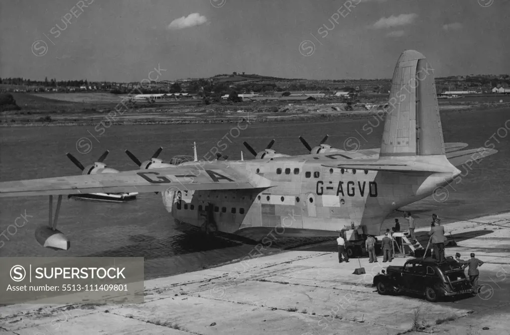 Britain's Largest Flying Boat Launched -- Britain's largest flying boat, the four engine Short-Saro Shetland, was launched at Rochester today. The aircraft, which can carry 70 passengers with a crew of 11, has a maximum speed of 267-m.p.h. The flying boat has a wing span of 150 feet, a length of 110 feet and an all up weight of 130,000 lbs. It has a range of 4,650 miles cruising at a speed of 184 m.p.h., and is a civil version of the Shetland designed during the war for service purposes. Two de