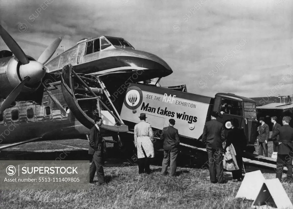 British Aircraft On Show To The World -- The new Type 170 "Bristol" Freighter, showing a lorry being disembarked, at the exhibition today. The annual exhibition of the Society of British Aircraft Constructors, which opened yesterday at Farnborough, Hampshire, introduced some of the latest British aircraft to the public and the world. September 8, 1948. (Photo by Fox Photos).