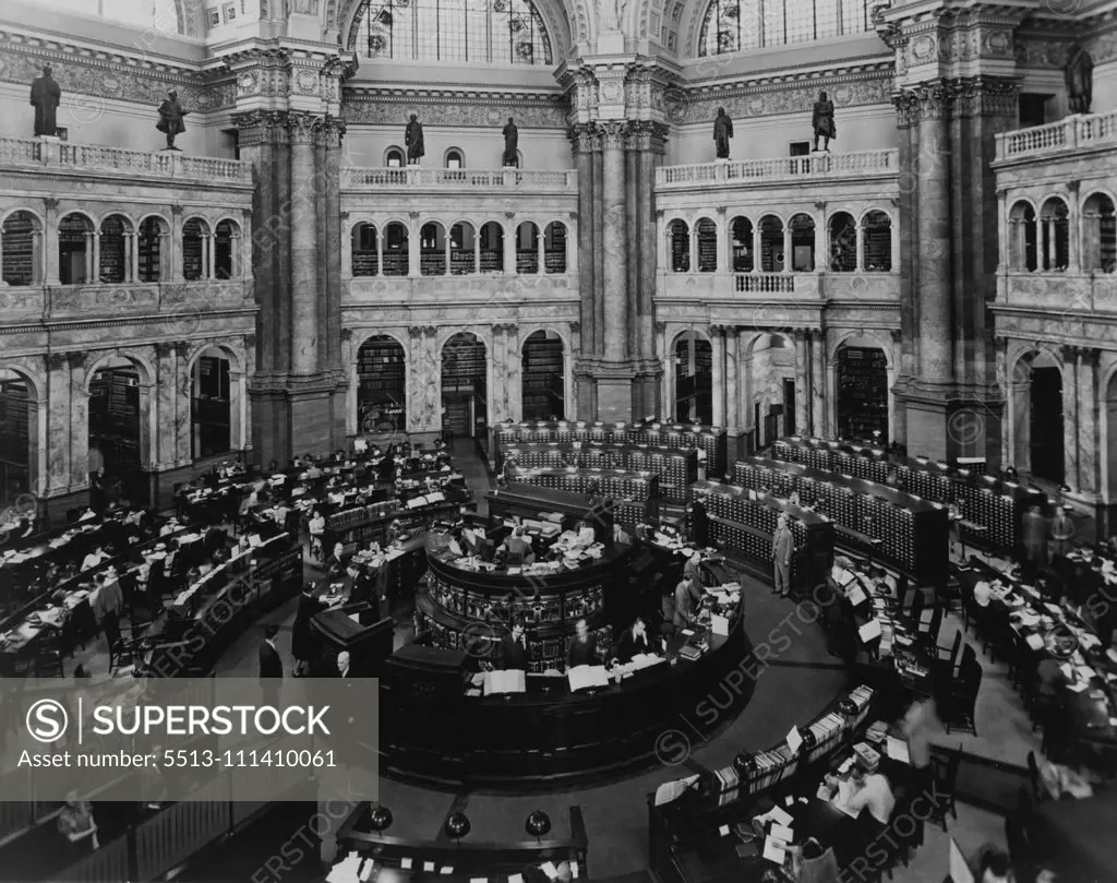 Library Of Congress -- The main reading room of the U.S. Library of congress is one of 22 reading rooms where students, research workers, and the general public are served. The main reading room also contains the general catalogues. Approximately 867,000 readers used the Library references facilities during the past fiscal year. April 04, 1952.