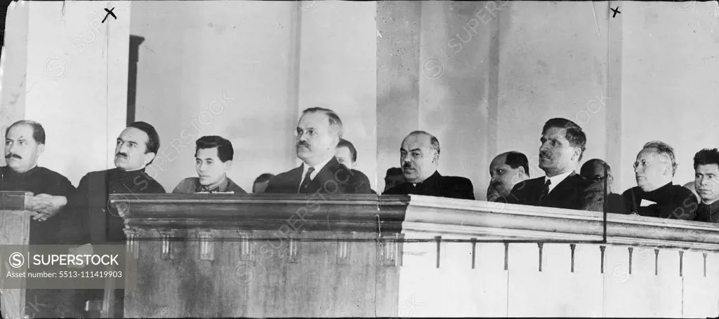 The First Session of the Supreme Soviet of the USSR -- From left to right -- Deputies L. Kaganovich, A. Mikoyan, N. Yezhov, V. Molotov, PakhoLiov, M. Kaganovich, V. Chunar, M. Litvinov and M. Berman at a conference of the Soviet of the Union on January 13, 1938.    The opening of the session of the Soviet of the Union of the Supreme Soviet of the USSR took place on January 12, at 4p.m., in the Kremlin palace in Moscow. January 01, 1938. (Photo by Soyuzphoto).