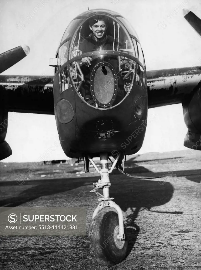 American War Planes In England -- The bomb-aimer's cockpit of the Douglas Boston III twin-engined bomber showing the front wheel of the tricycle undercarriage. War planes from the United States are arriving in England in a Steady flow. Heavy bombers are being "ferried" by air across the an Atlantic by both American and British Planes. Photographs taken at an aerodrome in England where many of the aircraft are overhauled before passing into service with the Royal Air Force. April 12, 1944.