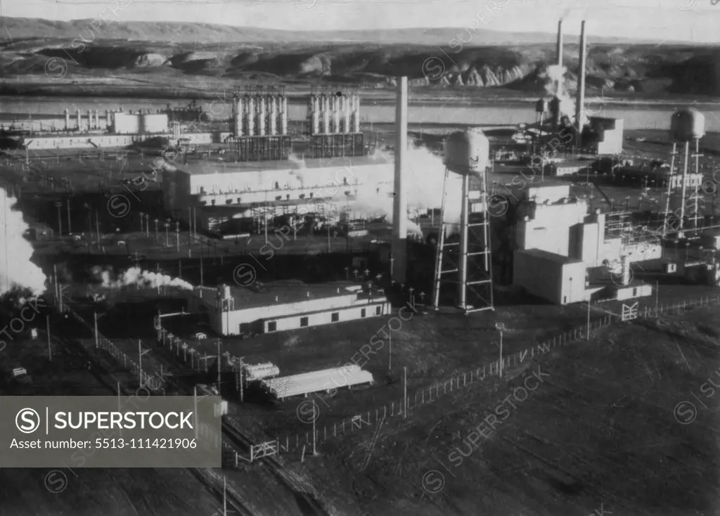 West Coast Atomic Bomb Factory -- This is one of the production areas at the Hanford Engineer Works, near here, where the new atomic bomb, dropped on Japan, was developed. This factory is at Richland. August 6, 1945. (Photo by AP Wirephoto).