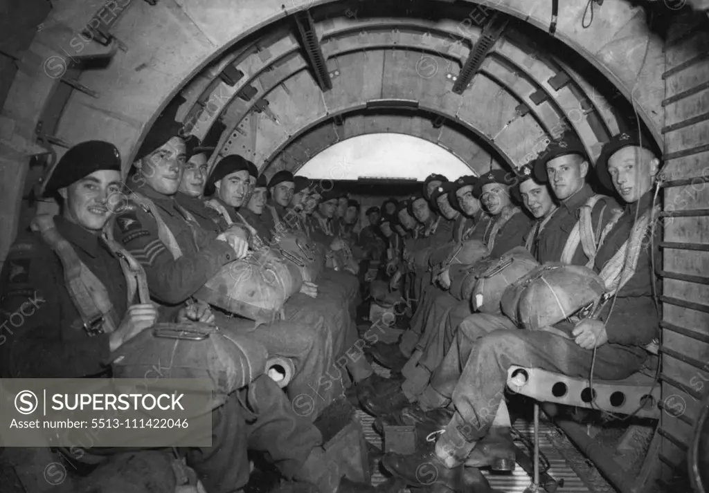 Training Glider Pilots -- An interior view of a Horsa Glider with Airborne troops ***** either side all ready for towing. Britain is training glider pilots on a big scale in readiness for the Second Front. After pilots receive their initial training at an R.A.F. Glider School, they pass out at a heavy glider conversion unit. The function of the unit is to adapt pilots of the army airborne division to fly operational type of gliders, Horsas, after they have become proficient on the training type,