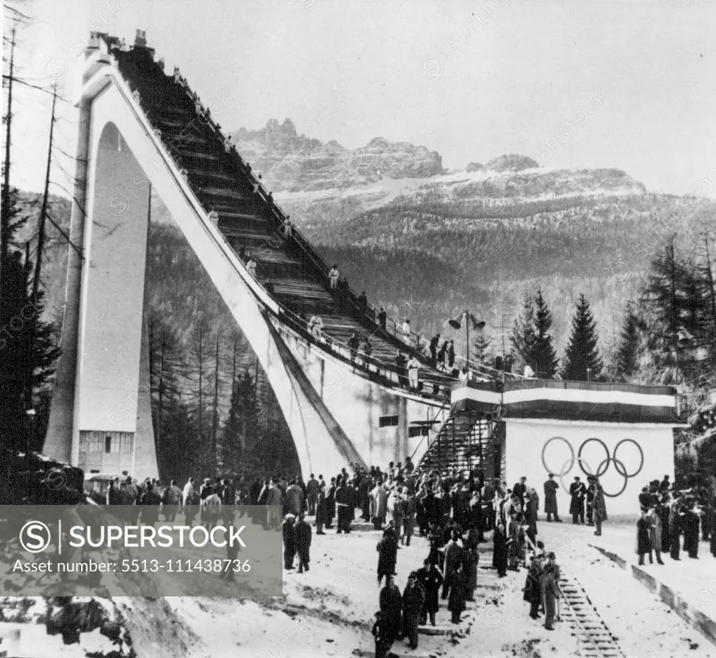 The Winter Olympic Games -- The Striking ski jump, now completed and just waiting for the snow. Preparations are not well ahead for the Winter Olympic Games to be held at Cortina, Northern Italy. December 13, 1955. (Photo by Sport & General Press Agency, Limited).