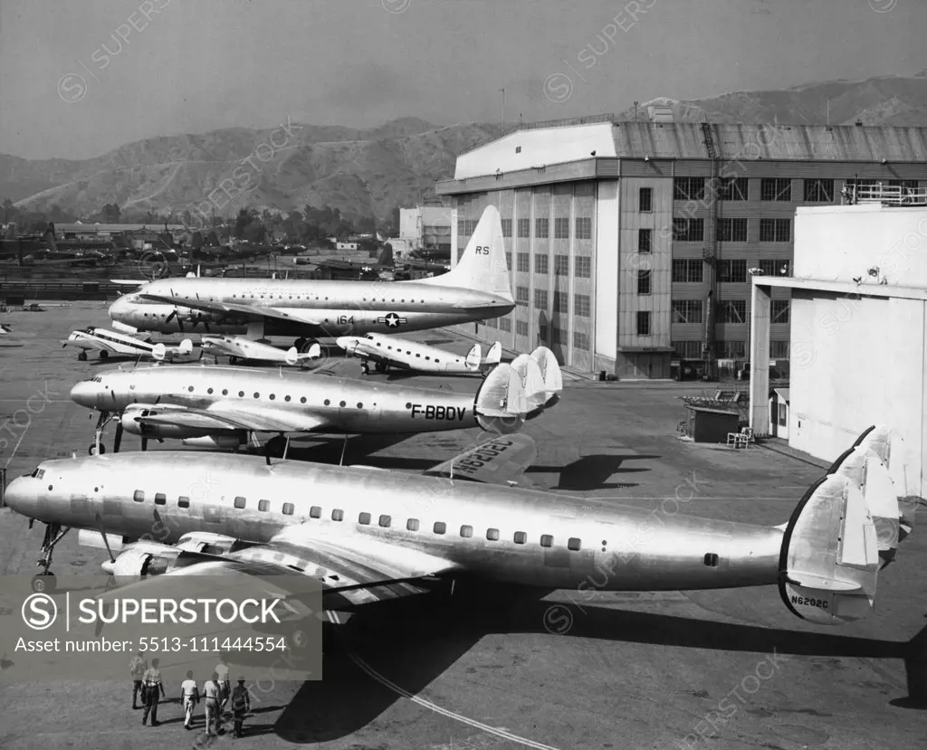 And Still They Grow -- How transport aircraft have grown in 18 years is illustrated in this "family portrait" released by Lockheed Aircraft Corporation today showing six models, ranging from old to new, of principal Lockheed airlines when all were in reunion at their home airport at Burbank, Calif. Since days of 1934 Electra, 1937 Model 14 and 1939 Lodestar (small planes, left to right), capacities have increased from 12 passengers to about 50 to 100 in modern Constellation types (two front ship