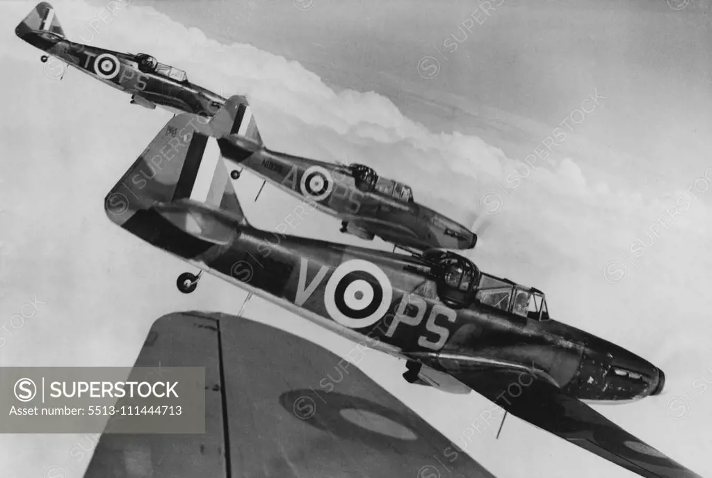 "Defiants": R.A.F. Night Fighters -- Defiants on patrol ***** clouds. The Boulton Paul Defiant is a long-range two-seater and is one of the types that have proved successful as night fighters. Powered by the famous Rolls-Royce Merlin engine, it has an impressive speed. Its armament includes a specially designed power-operated multi gun *****. April 22, 1941. (Photo by British Official Photograph).