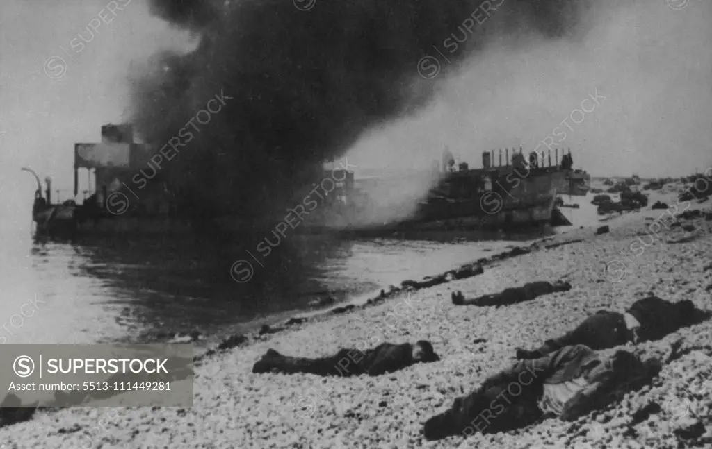 The Aftermath of Dieppe - New Pictures Propaganda that does not quite click. The "Dead Men" seen on the beach against the background of a burning T.L.C. appear to have made themselves comfortable before "Dying". All of them having discarded helmets equipment and weapons, the man nearest the camera undid his blouse, folded his coat under his head and, laying his check on his hand, "passed away", while (bottom left) this man lay down on his back with his head raised comfortably on a cushion. Septe