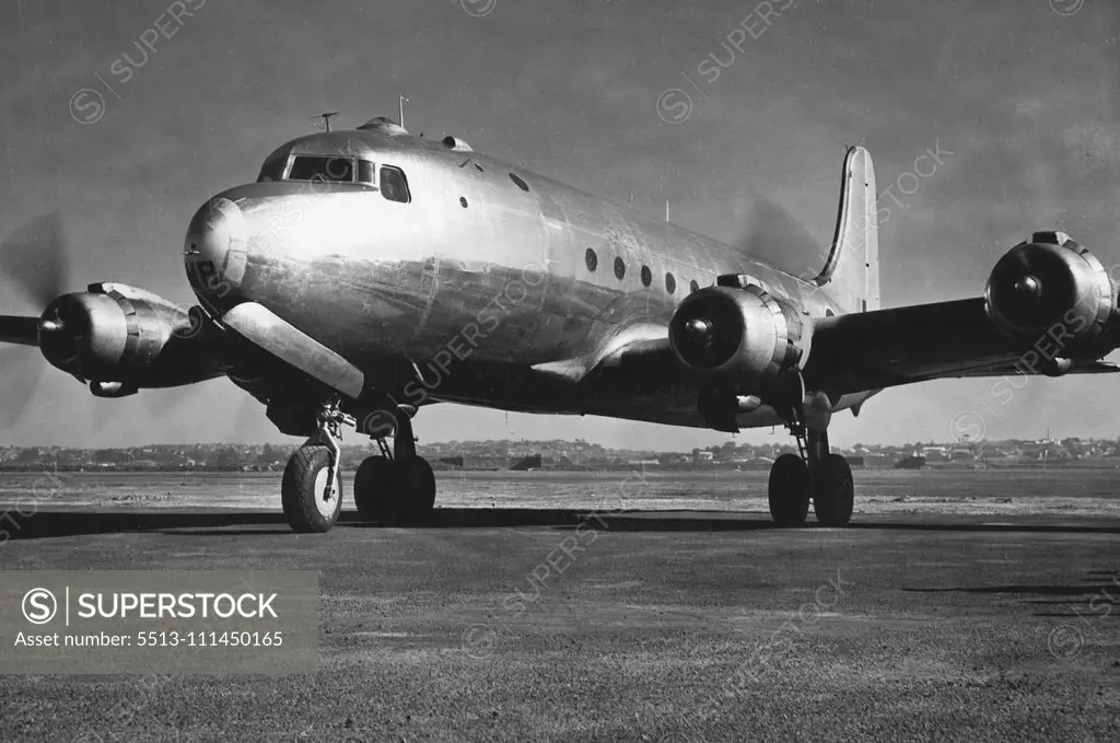 Tour Douglas skymasters of the type shown, will soon reach Sydney to enter the interstate passenger services of Australian national airways. December 27, 1945.