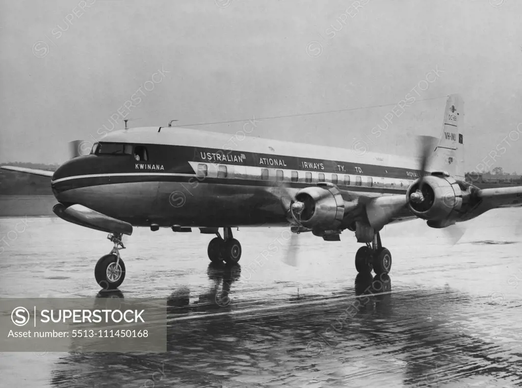 Lates DC6-B skychief airliner of the A.N.A. fleet, Kwinana, which flew into Brisbane airport yesterday with 58 passengers on a "show the flag" flight. The Kwinana is five feet longer than the normal DC-6. April 01, 1955.