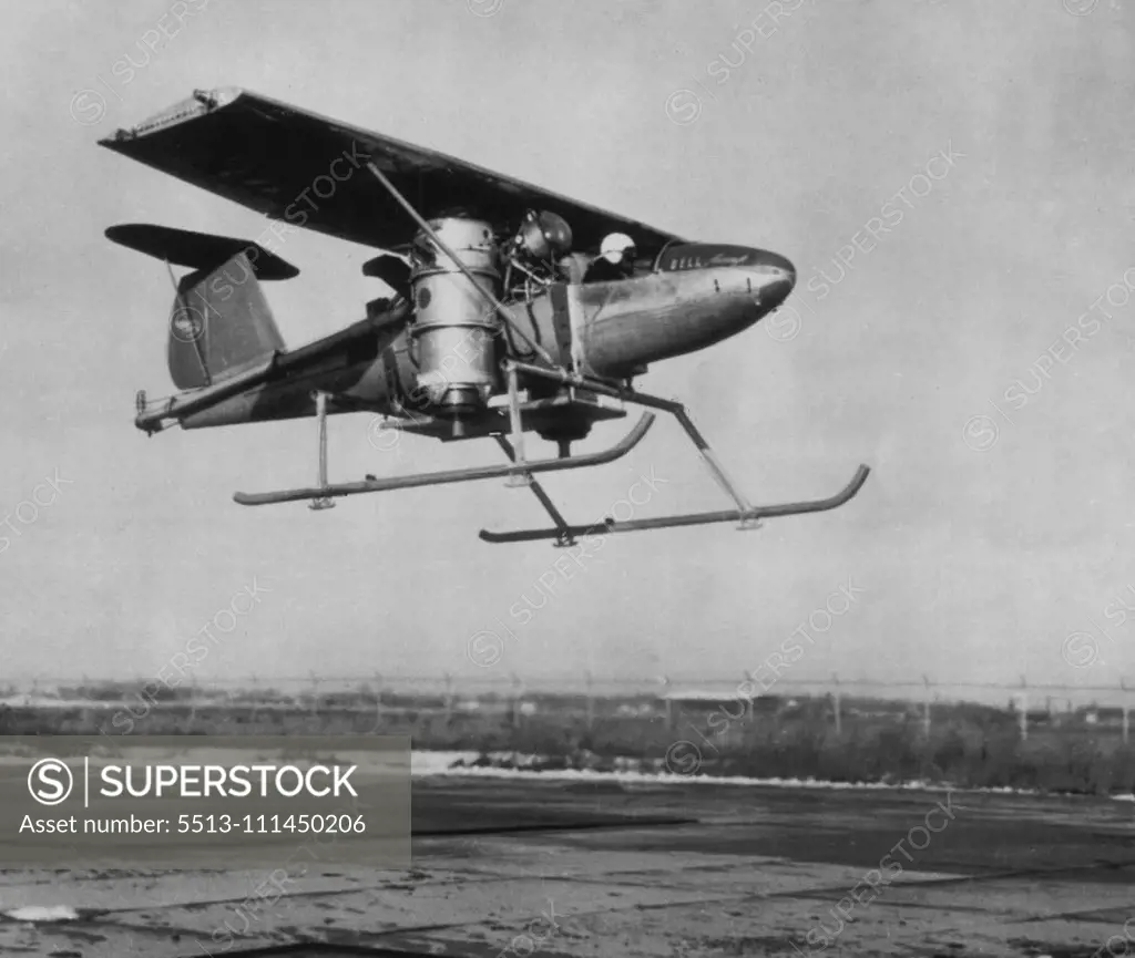 Bell's Experimental Jet-Propelled Vertical-Rising Plane - This is Bell Aircraft Corporation's experimental jet-propelled vertical-rising airplane. Plane is shown taking off on test flight at Niagara Falls, N.Y., airport. Jet engines on either side of this experimental plane's fuselage are designed to be vertical for takeoff and are to revolve 90 degrees for forward flight. February 1, 1955. (Photo by AP Wirephoto).